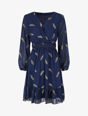 Robe mi-longue à imprimé plumes dorées - Marine - 5