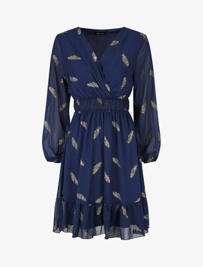 Robe mi-longue à imprimé plumes dorées - Marine - 5