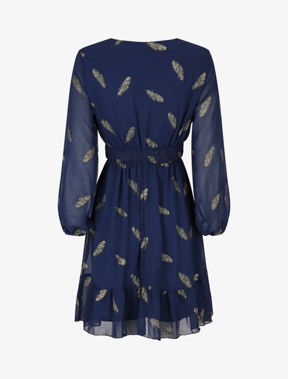 Robe mi-longue à imprimé plumes dorées - Marine - 2