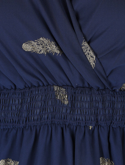 Robe mi-longue à imprimé plumes dorées - Marine - 3
