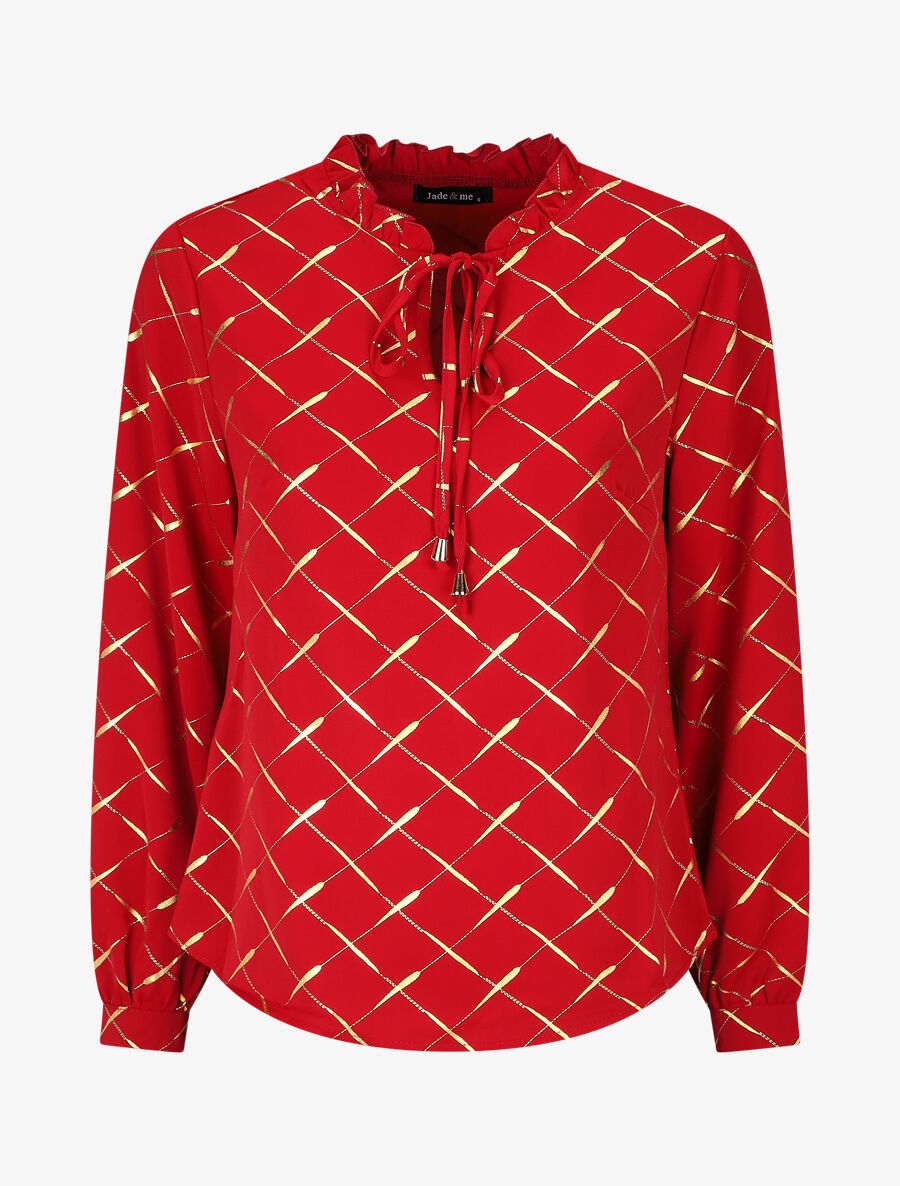 Blouse col V à imprimé dorés - Rouge - 1