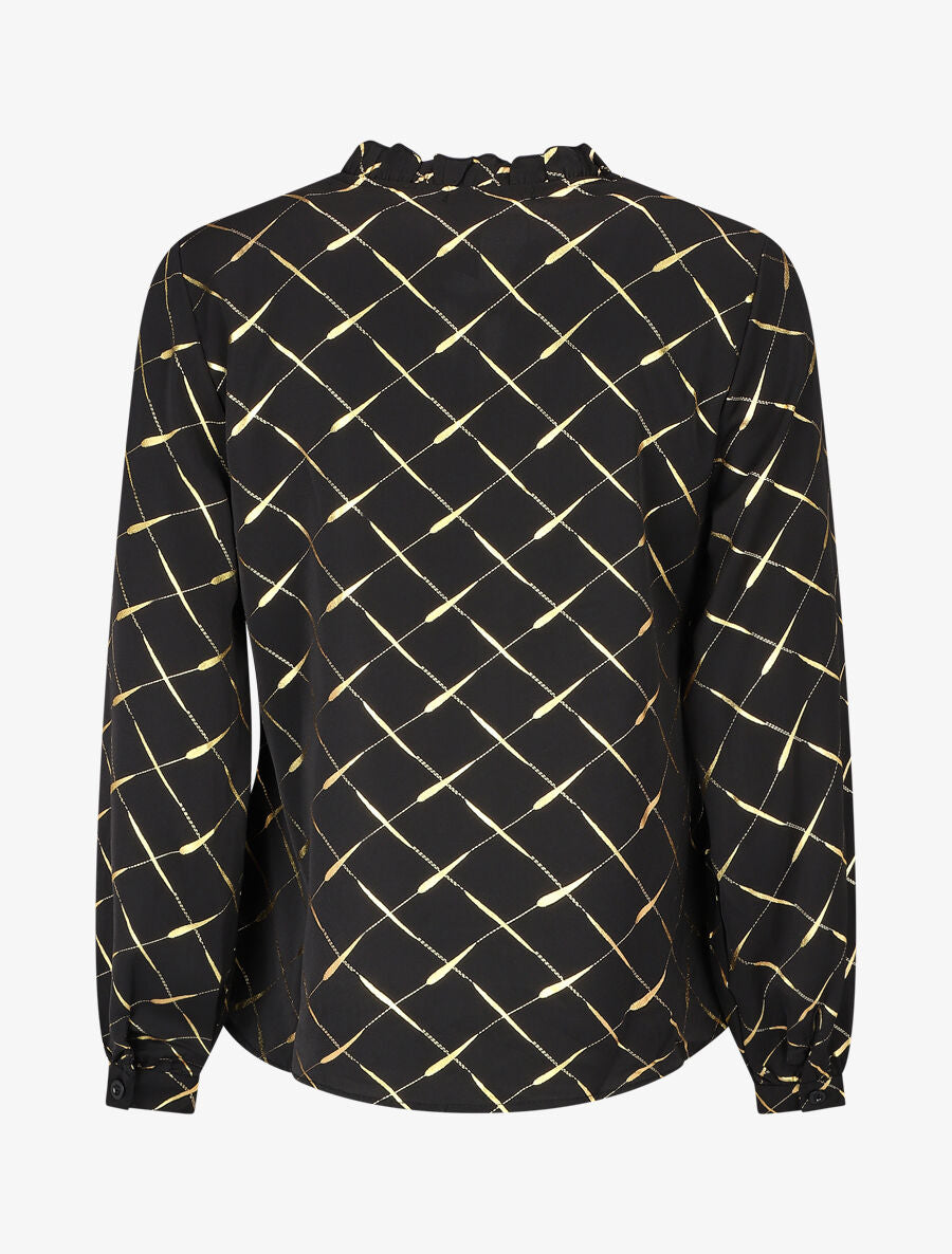Blouse col V à imprimé dorés - Noir - 2