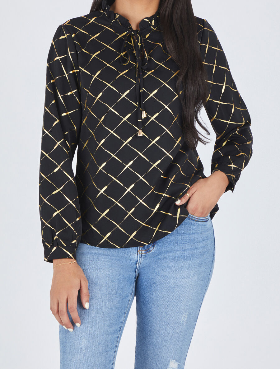 Blouse col V à imprimé dorés - Noir - 4