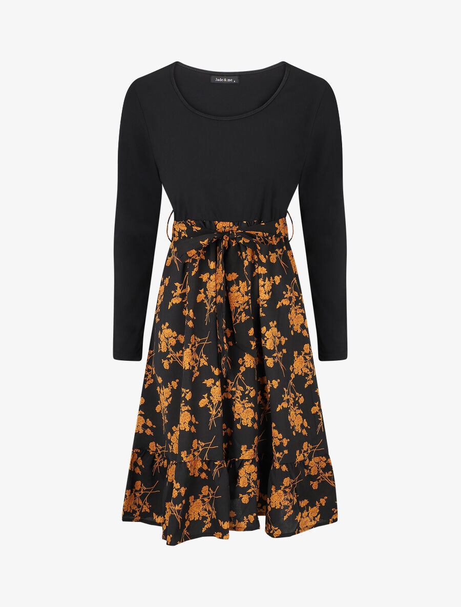 Robe mi-longue fleuri à volants - Noir - 1