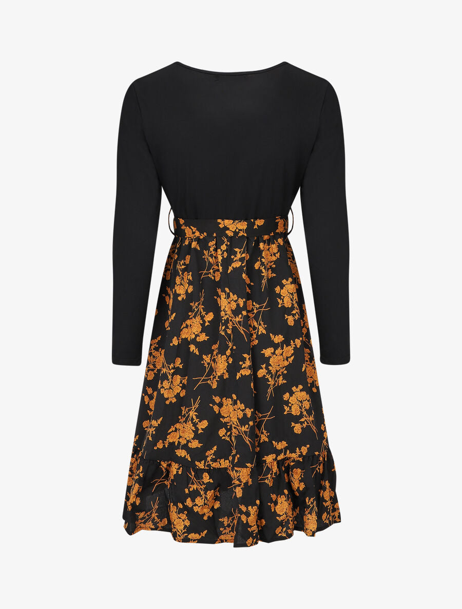 Robe mi-longue fleuri à volants - Noir - 2