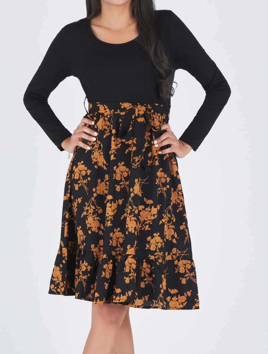 Robe mi-longue fleuri à volants - Noir - 4