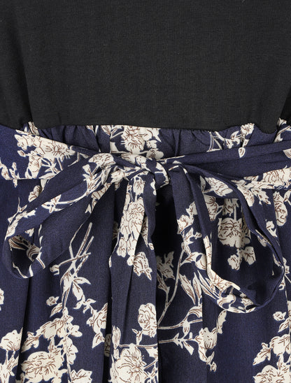 Robe mi-longue fleuri à volants - Marine - 3