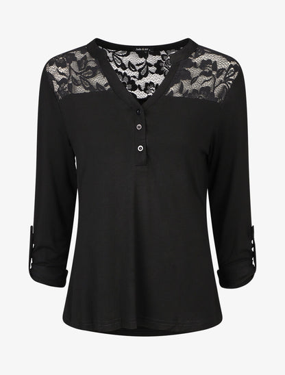 Top uni manches longues et dentelle - Noir - 4
