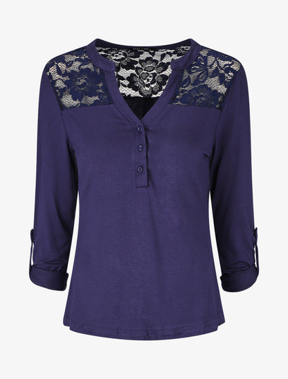 Top uni manches longues et dentelle - Marine - 1