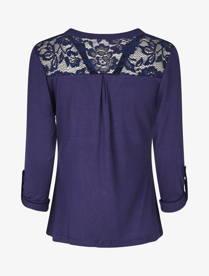 Top uni manches longues et dentelle - Marine - 2