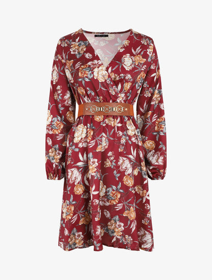 Robe satinée à imprimée floral - Bordeaux - 1