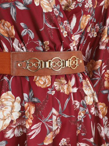 Robe satinée à imprimée floral - Bordeaux - 3
