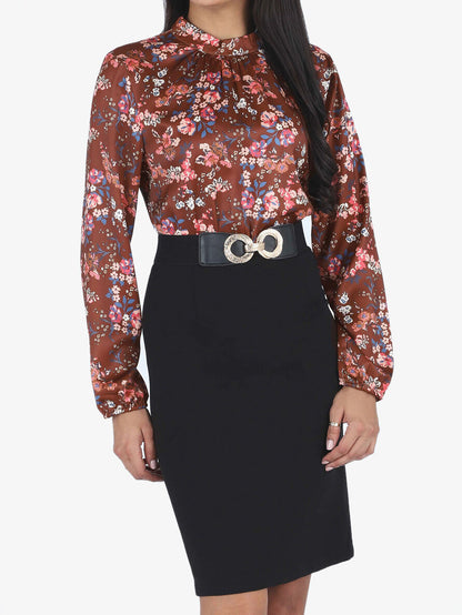 Robe satinée imprimé fleuri - Marron - 1