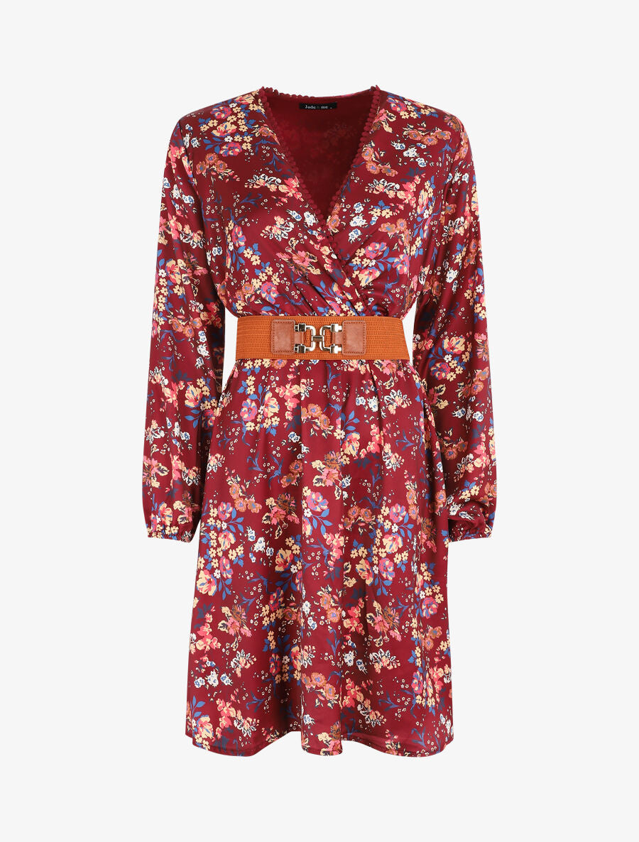 Robe satinée fleuri col cache-coeur - Bordeaux - 5