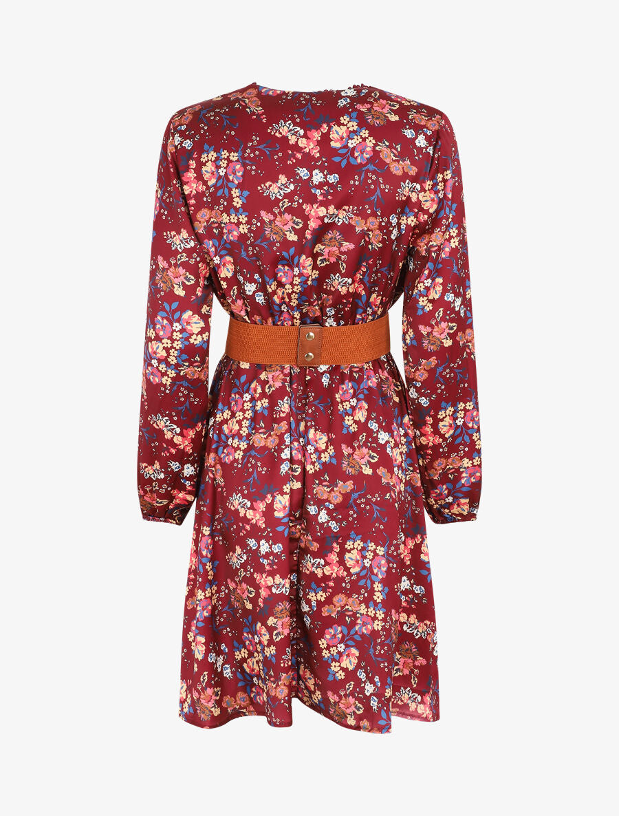 Robe satinée fleuri col cache-coeur - Bordeaux - 2