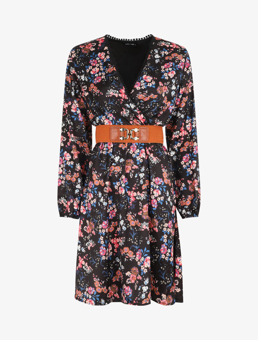 Robe satinée fleuri col cache-coeur - Noir - 1