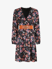 Robe satinée fleuri col cache-coeur - Noir - 1