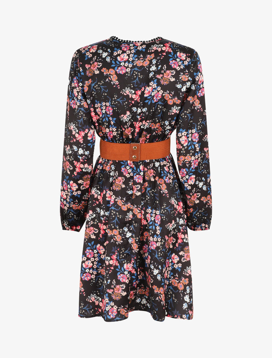Robe satinée fleuri col cache-coeur - Noir - 2