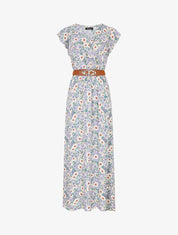 Robe longue imprimé fleuri à manches volantées - Beige - 5