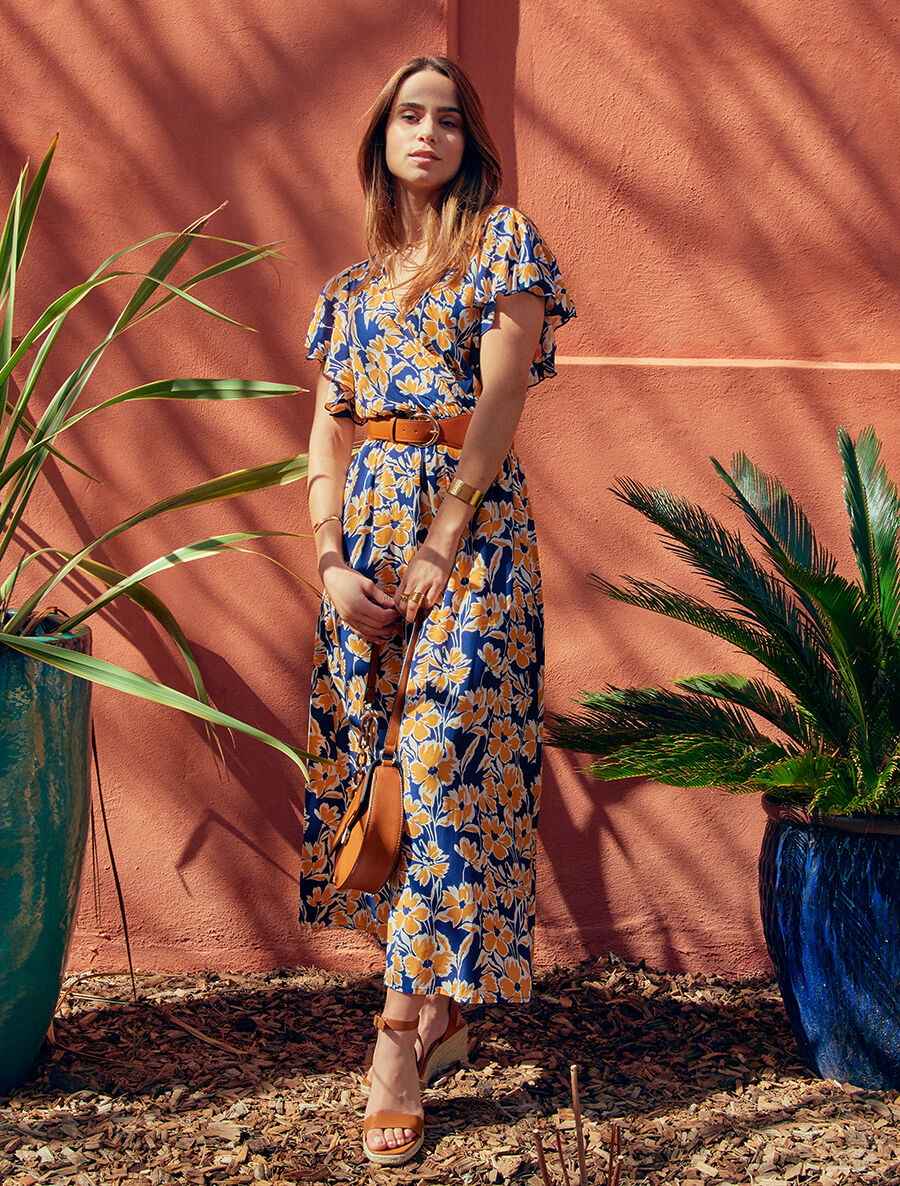 Robe longue empire à manches volantées - Marine - 5