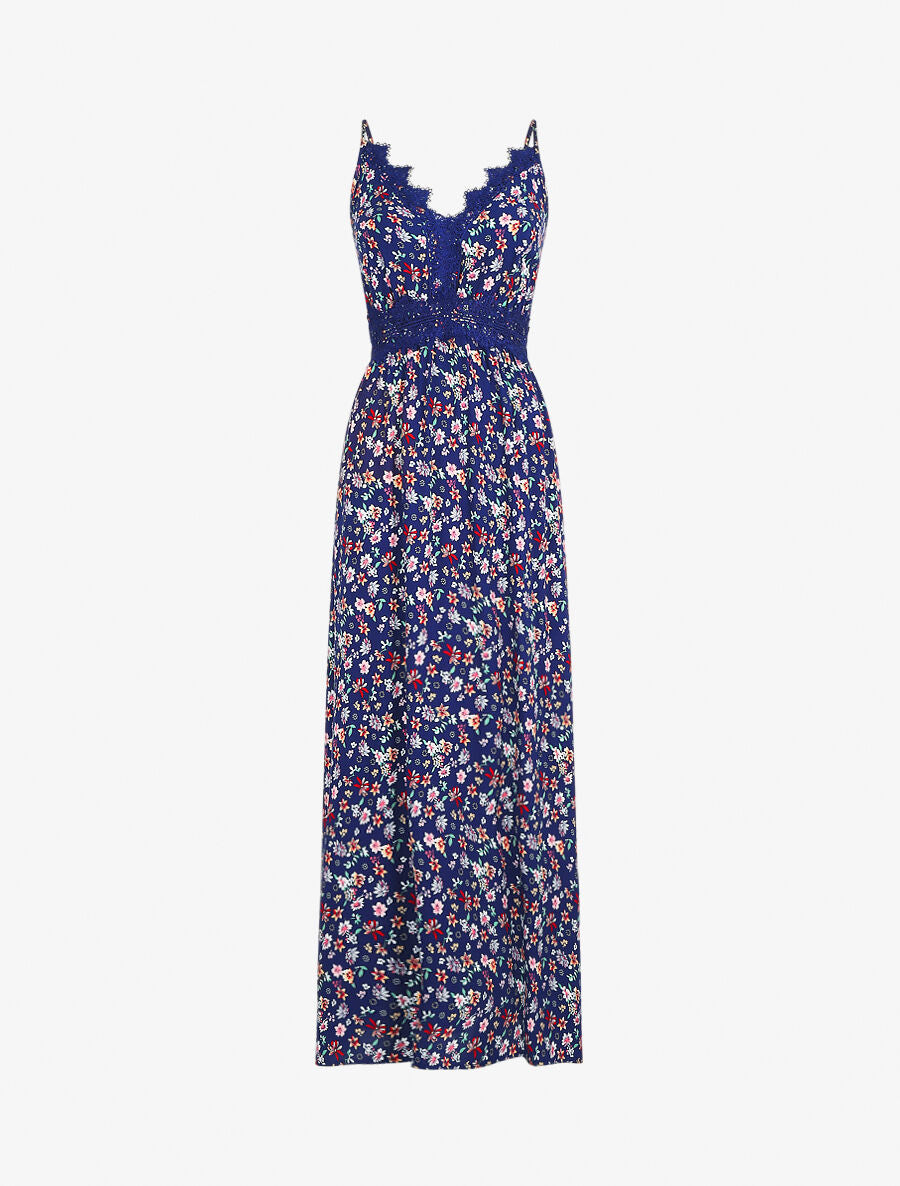 Robe longue à col dentelle et imprimé fleuri - Marine - 1
