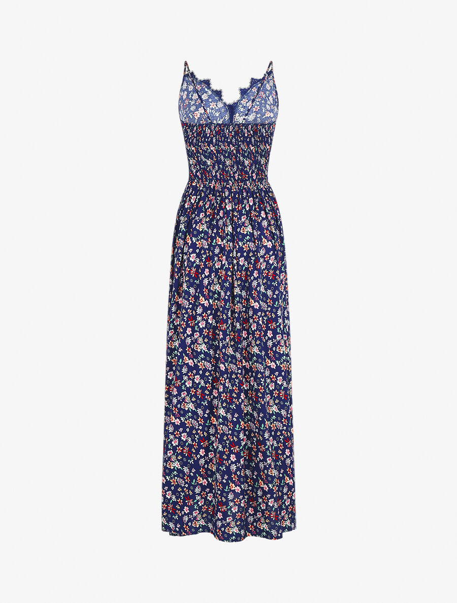 Robe longue à col dentelle et imprimé fleuri - Marine - 2