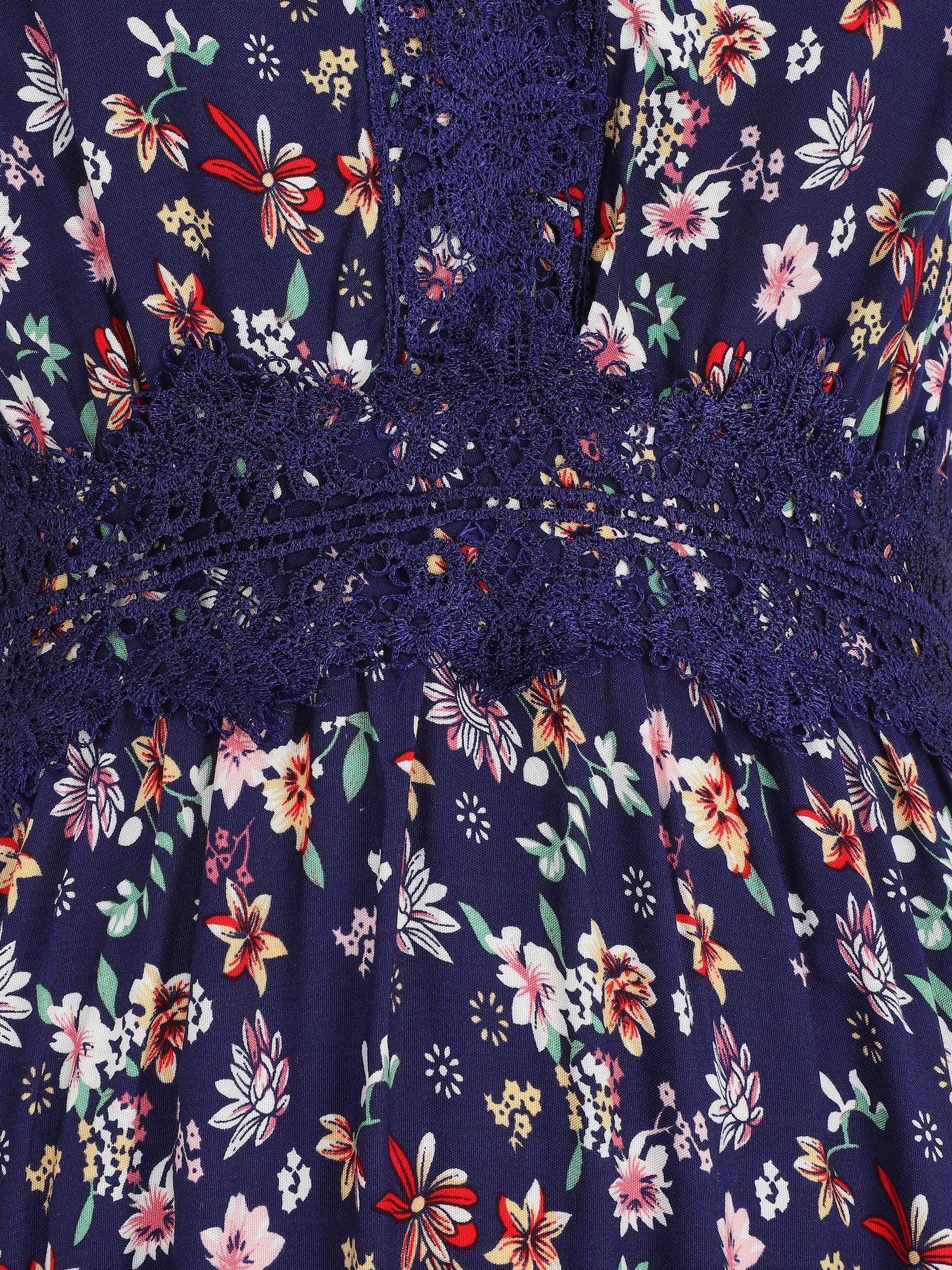 Robe longue à col dentelle et imprimé fleuri - Marine - 3
