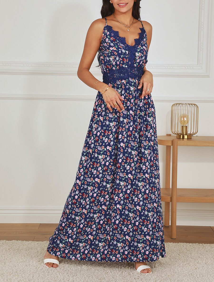 Robe longue à col dentelle et imprimé fleuri - Marine - 4
