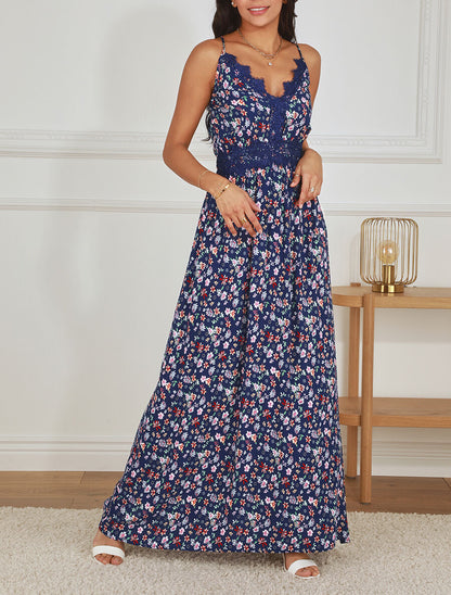 Robe longue à col dentelle et imprimé fleuri - Marine - 4