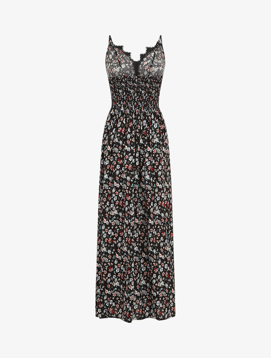 Robe longue à col dentelle et imprimé fleuri - Noir - 2