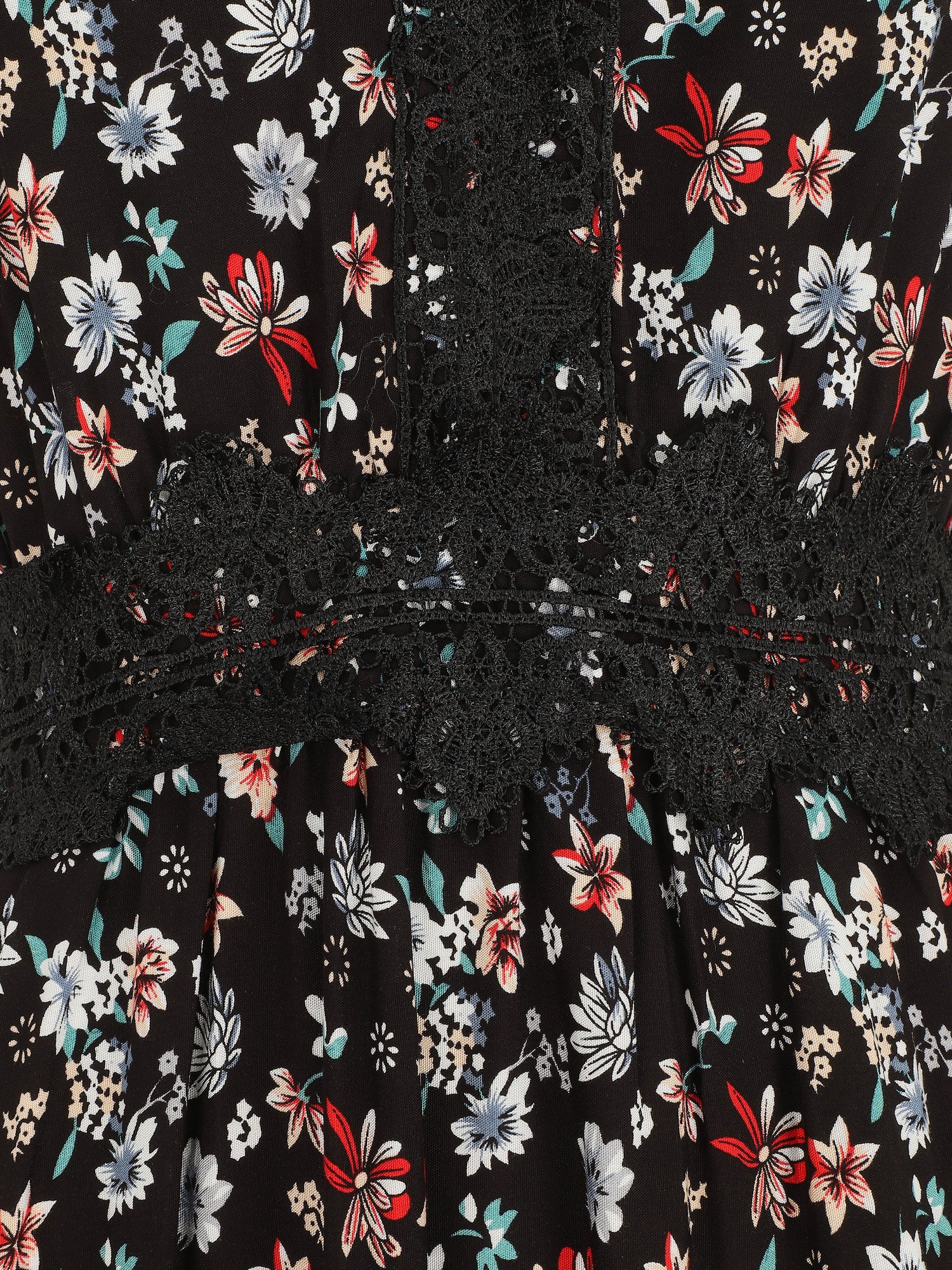 Robe longue à col dentelle et imprimé fleuri - Noir - 3