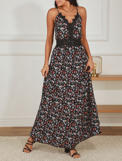 Robe longue à col dentelle et imprimé fleuri - Noir - 4