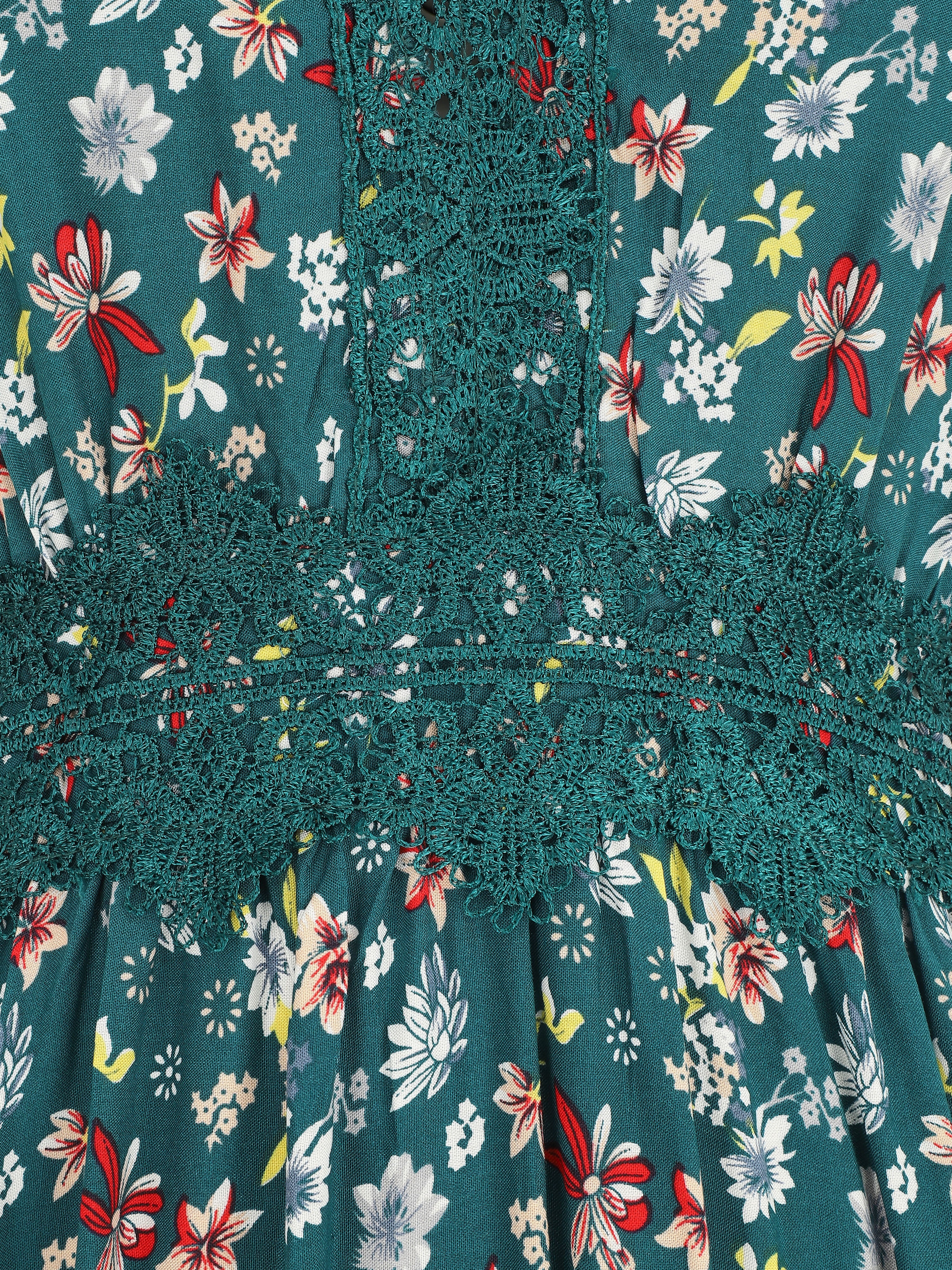 Robe longue à col dentelle et imprimé fleuri - Vert - 3