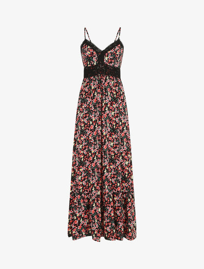 Robe longue à col dentelle et imprimé multi-fleurs - Noir - 1