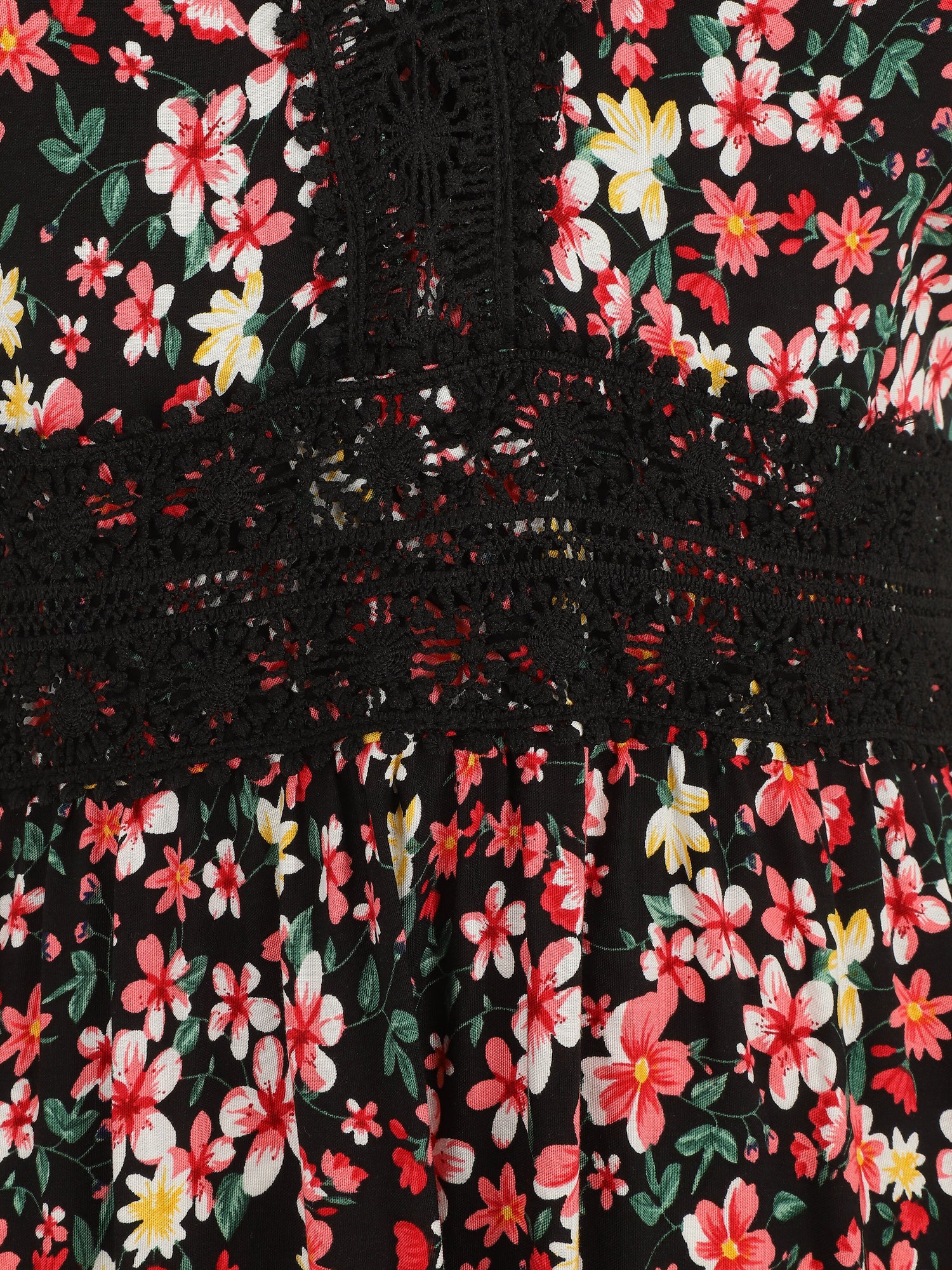 Robe longue à col dentelle et imprimé multi-fleurs - Noir - 3