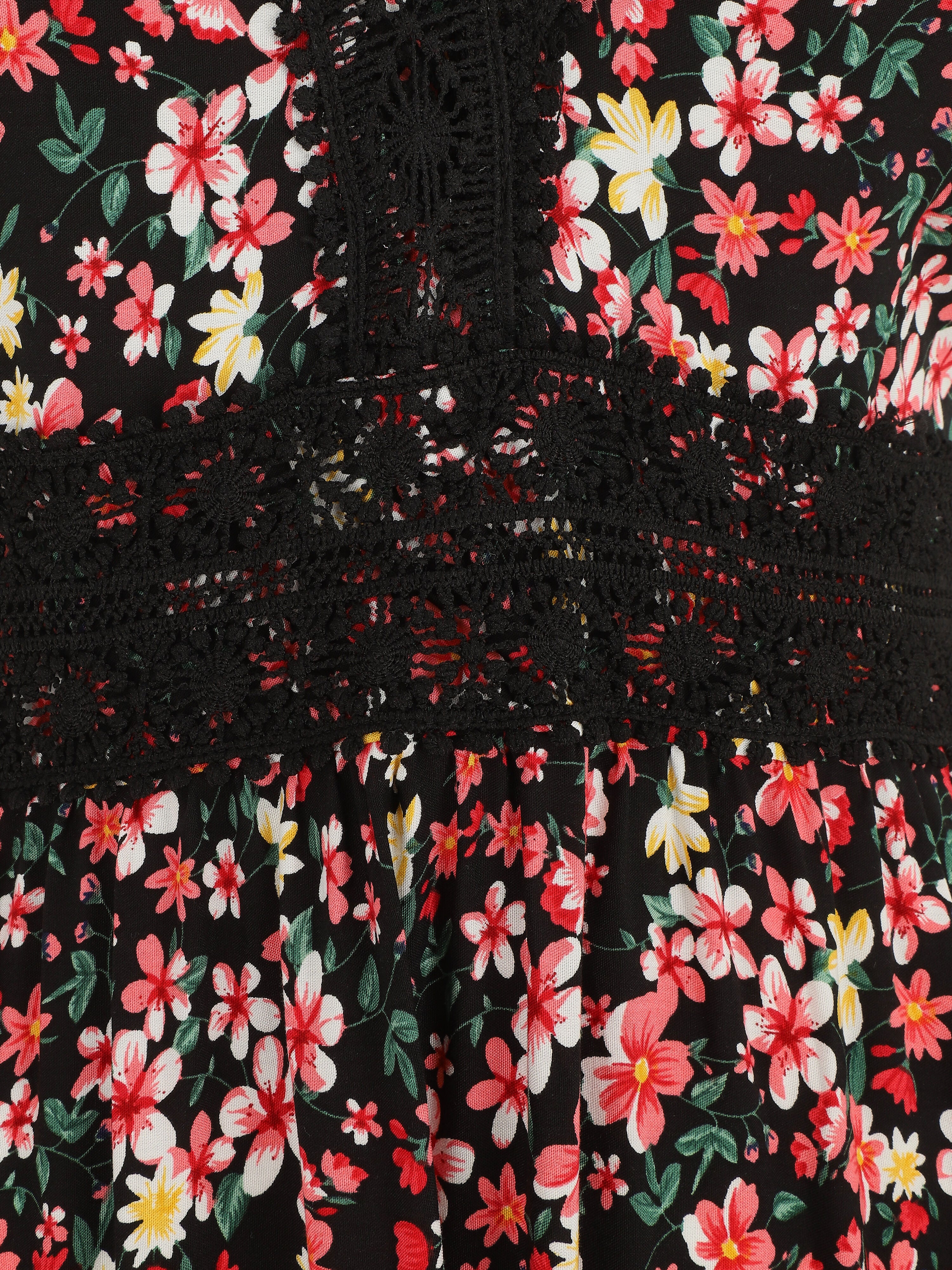 Robe longue à col dentelle et imprimé multi-fleurs - Noir - 3