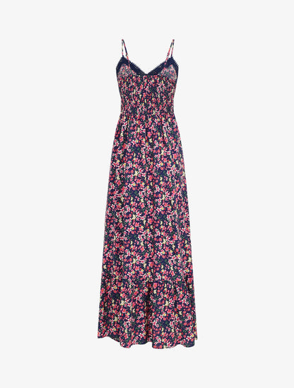 Robe longue à col dentelle et imprimé multi-fleurs - Marine - 2