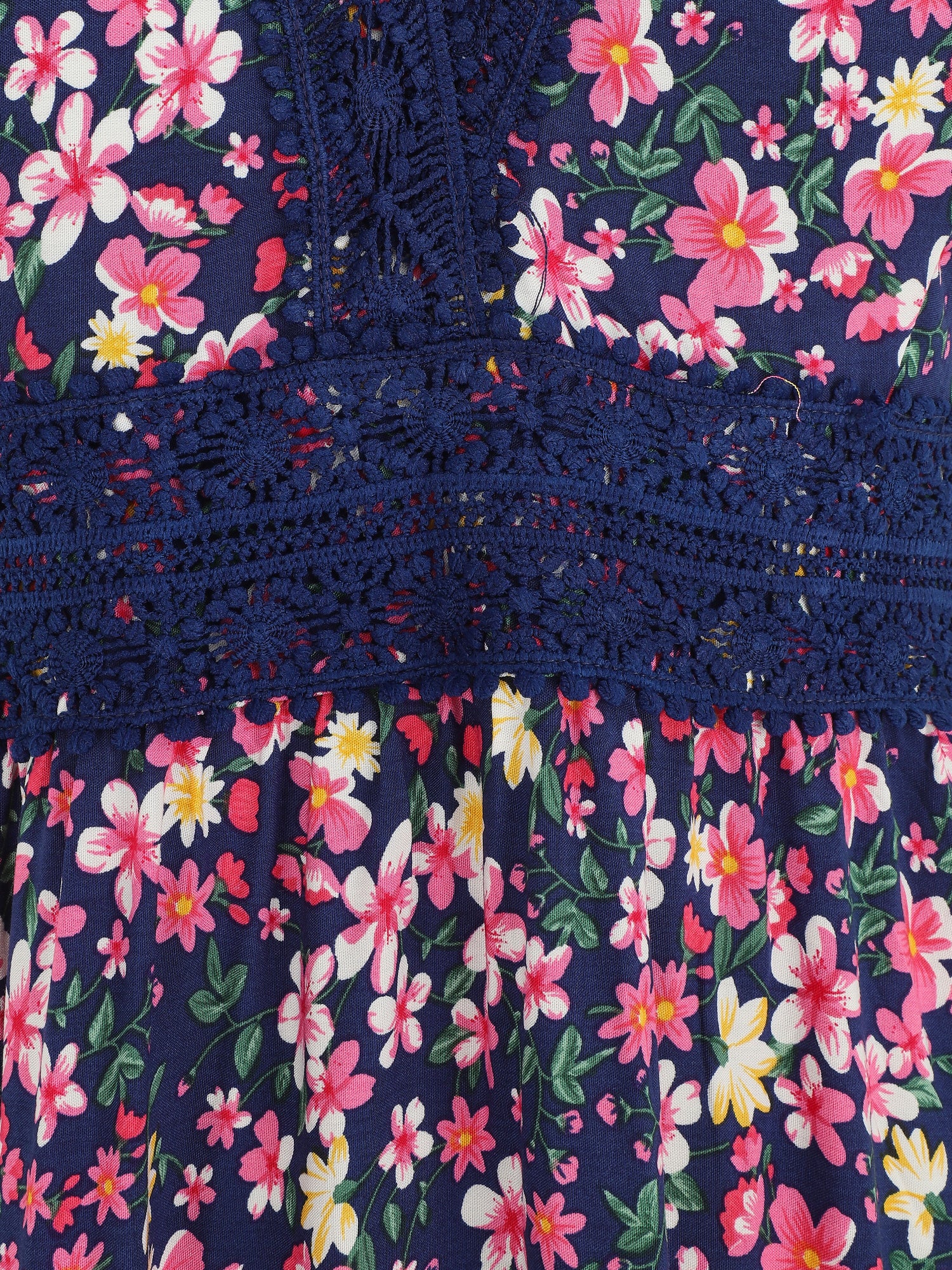 Robe longue à col dentelle et imprimé multi-fleurs - Marine - 3