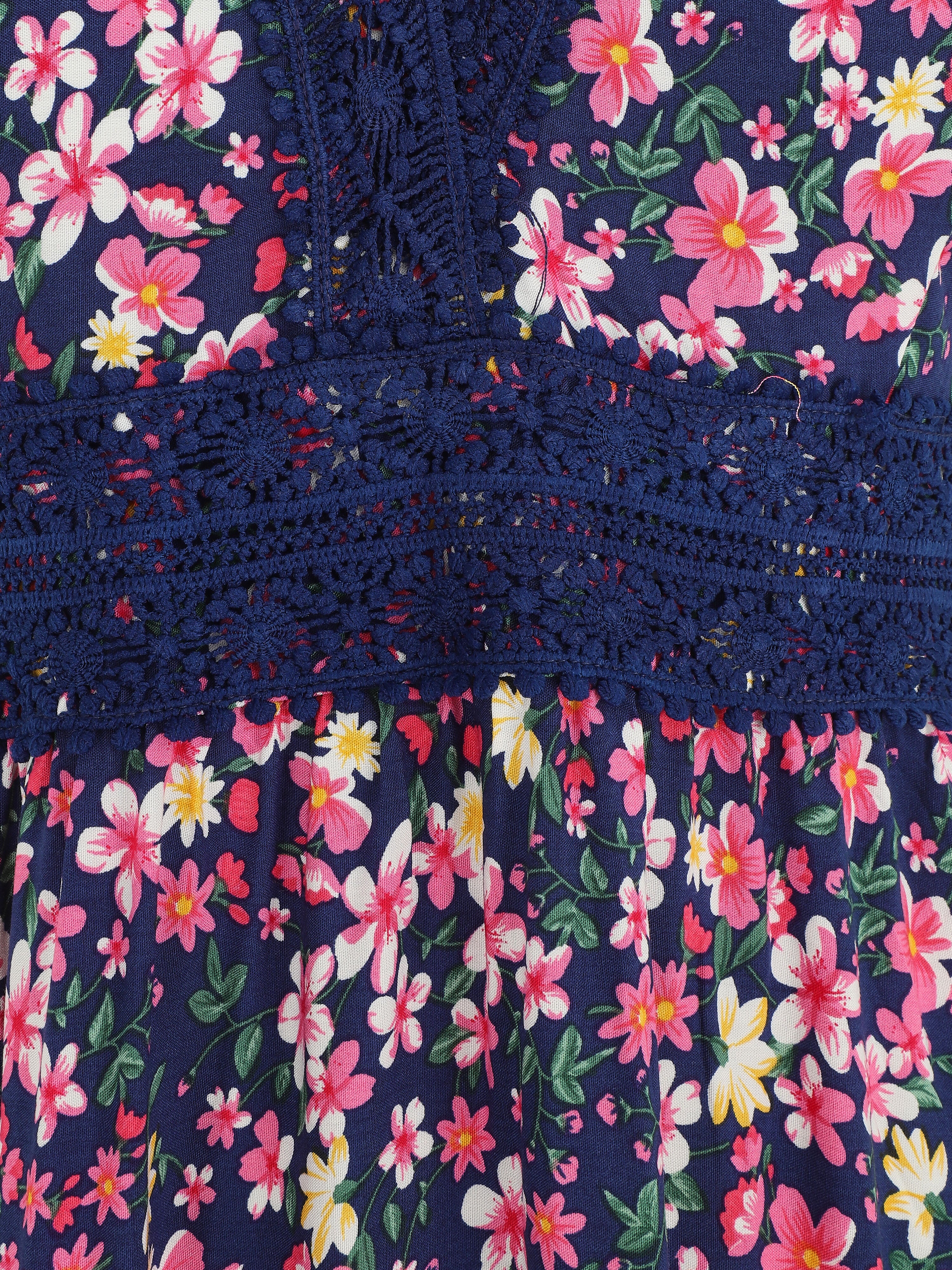 Robe longue à col dentelle et imprimé multi-fleurs - Marine - 3