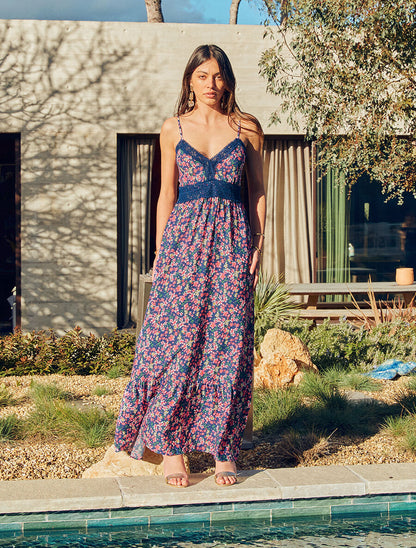 Robe longue à col dentelle et imprimé multi-fleurs - Marine - 4