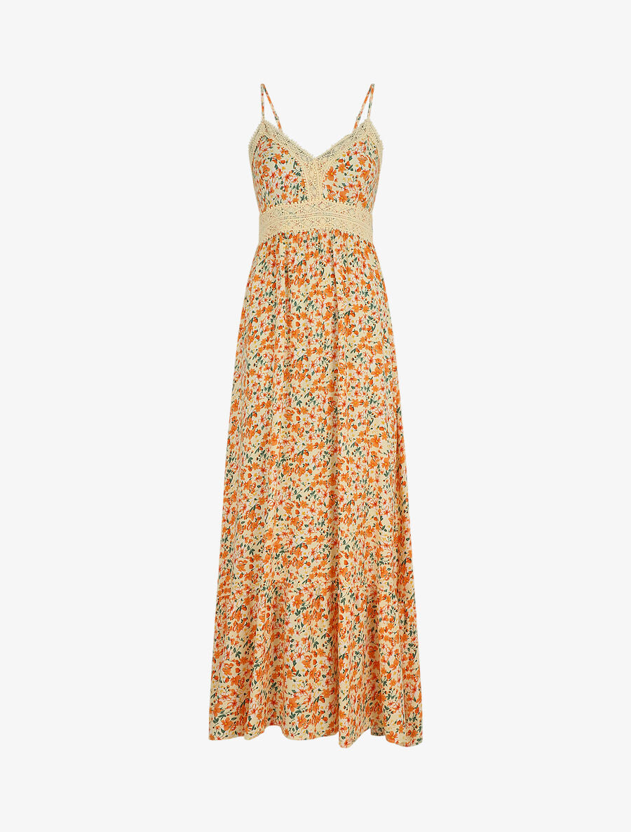 Robe longue à col dentelle et imprimé multi-fleurs - Beige - 1