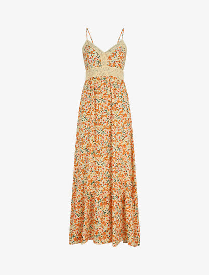 Robe longue à col dentelle et imprimé multi-fleurs - Beige - 1