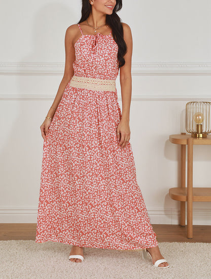 Robe longue à col américain et dentelle - Rose saumon - 4
