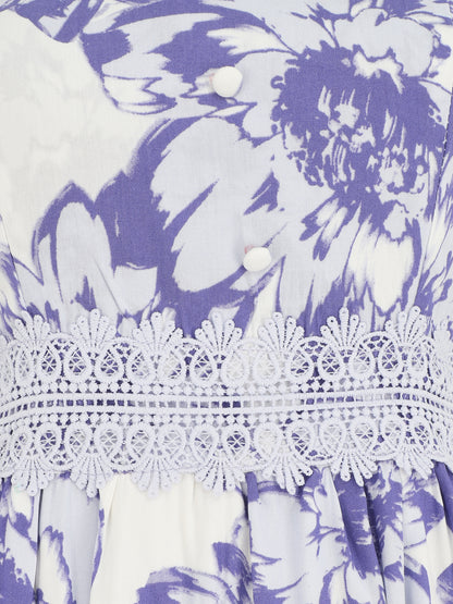 Robe longue imprimé fleurs et dentelle - Violet - 3