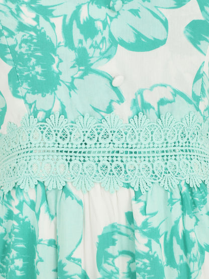 Robe longue imprimé fleurs et dentelle - Vert - 3