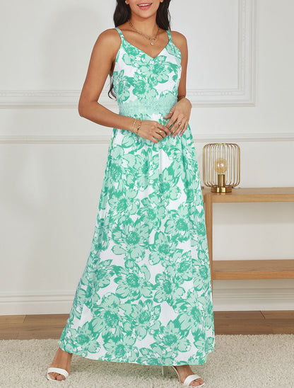 Robe longue imprimé fleurs et dentelle - Vert - 4