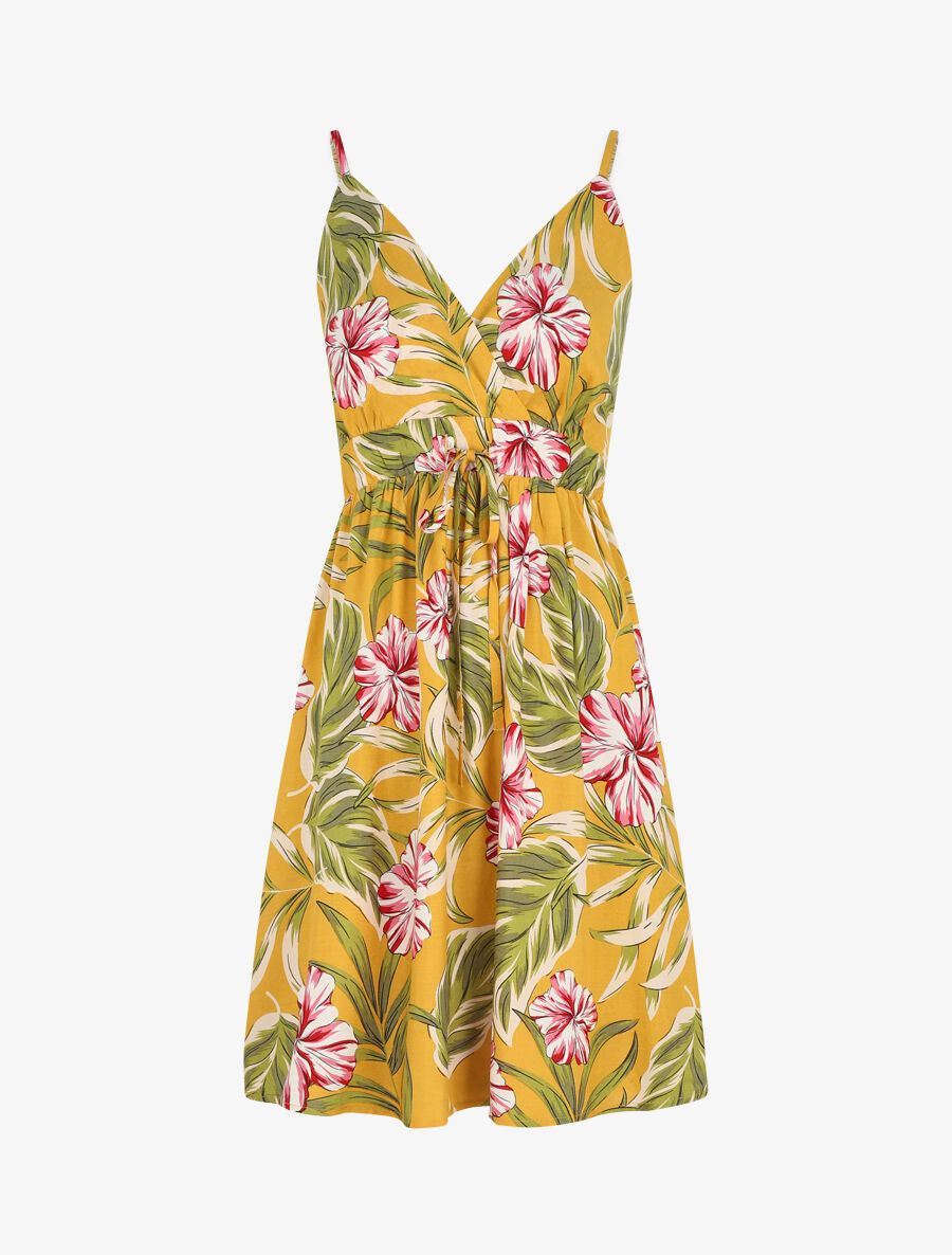 Robe mi-longue imprimé feuilles - Jaune - 5