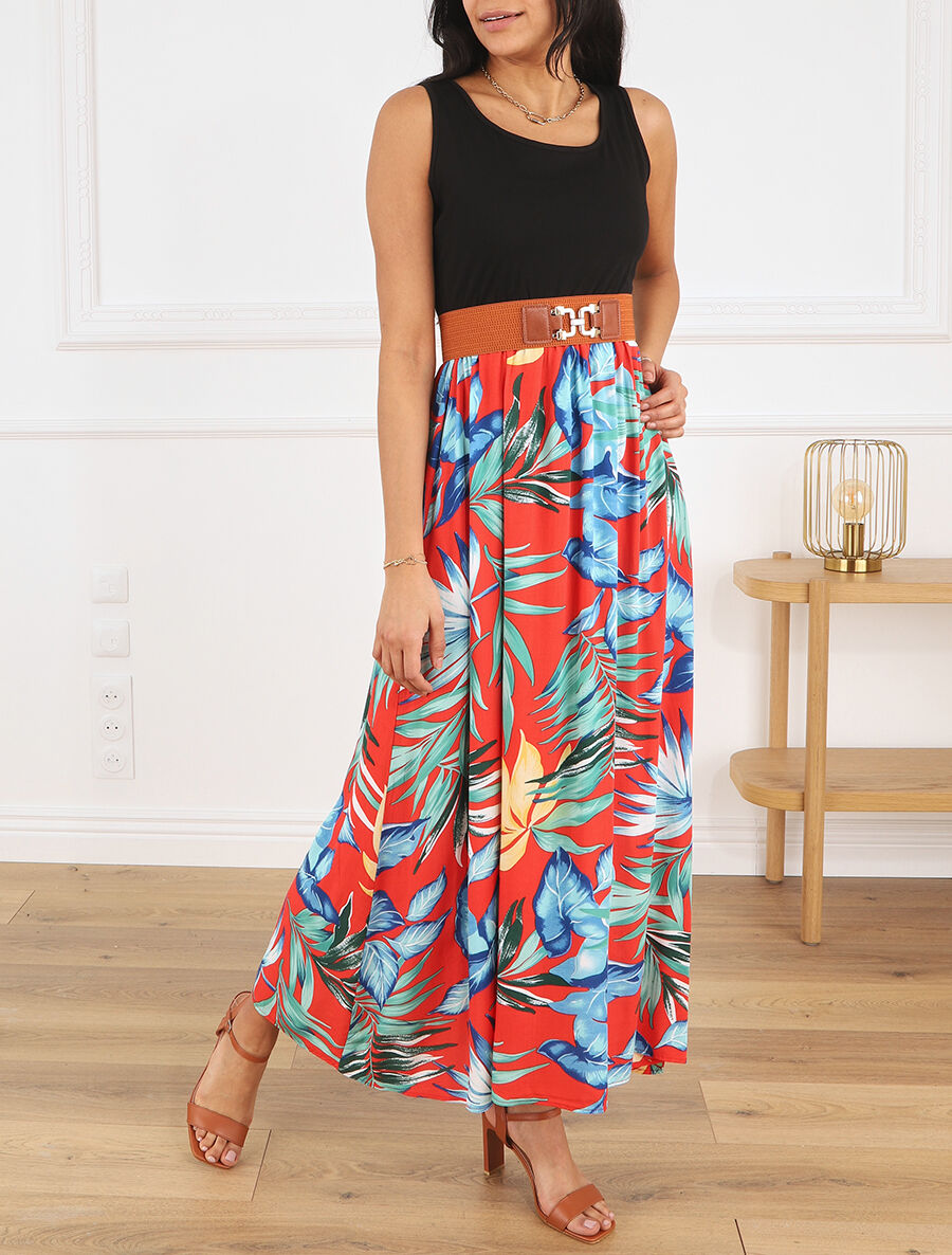 Robe bicolore à imprimé tropical - Rouge - 4