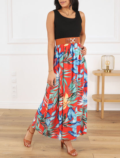 Robe bicolore à imprimé tropical - Rouge - 4