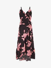 Robe longue asymétrique à imprimé grandes fleurs - Noir - 5